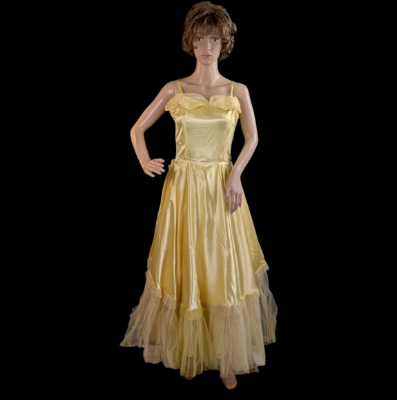 Vintage 1940s Yellow Satin Prom Dress, Very Disney Princess-y! For Kitty Rescue! - Picture 2 of 15